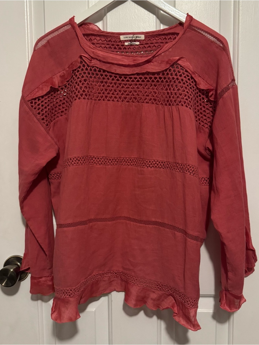 Isabel Marant Etoile | Coral Silk Crochet-Trim Long Sleeve Top